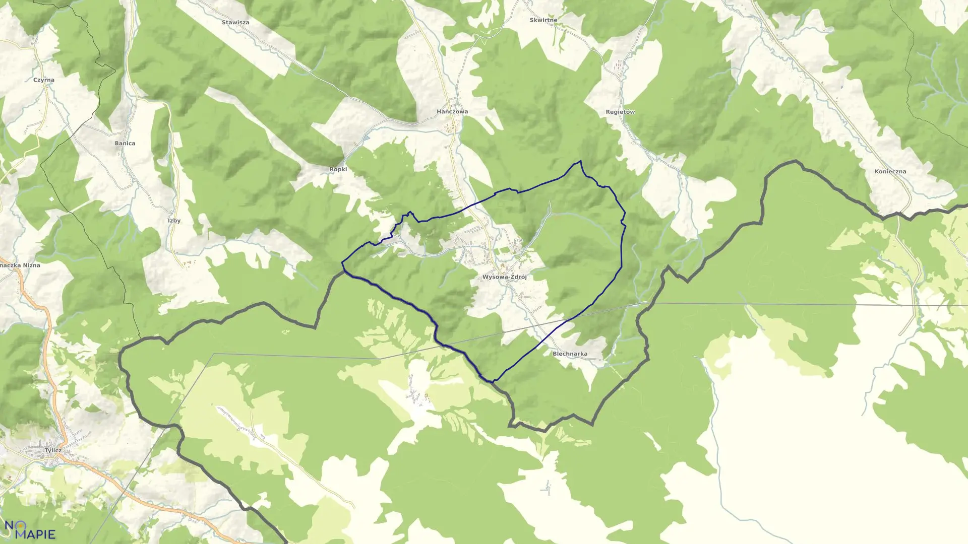 Mapa obrębu Wysowa-Zdrój w gminie Uście Gorlickie